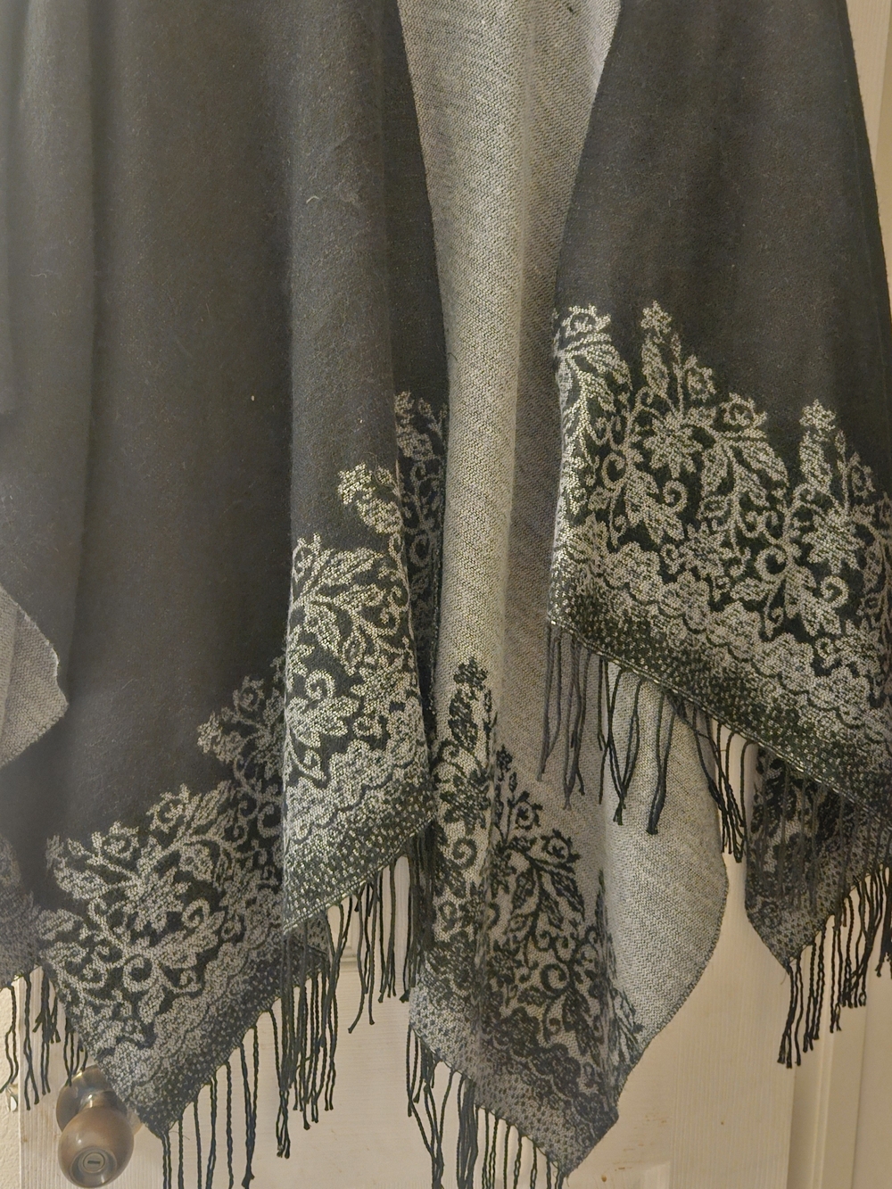 Black Grey Versatile Floral-Trim Open Shawl Poncho Cape with Boho Hippie Fringe - Picture 9 of 11